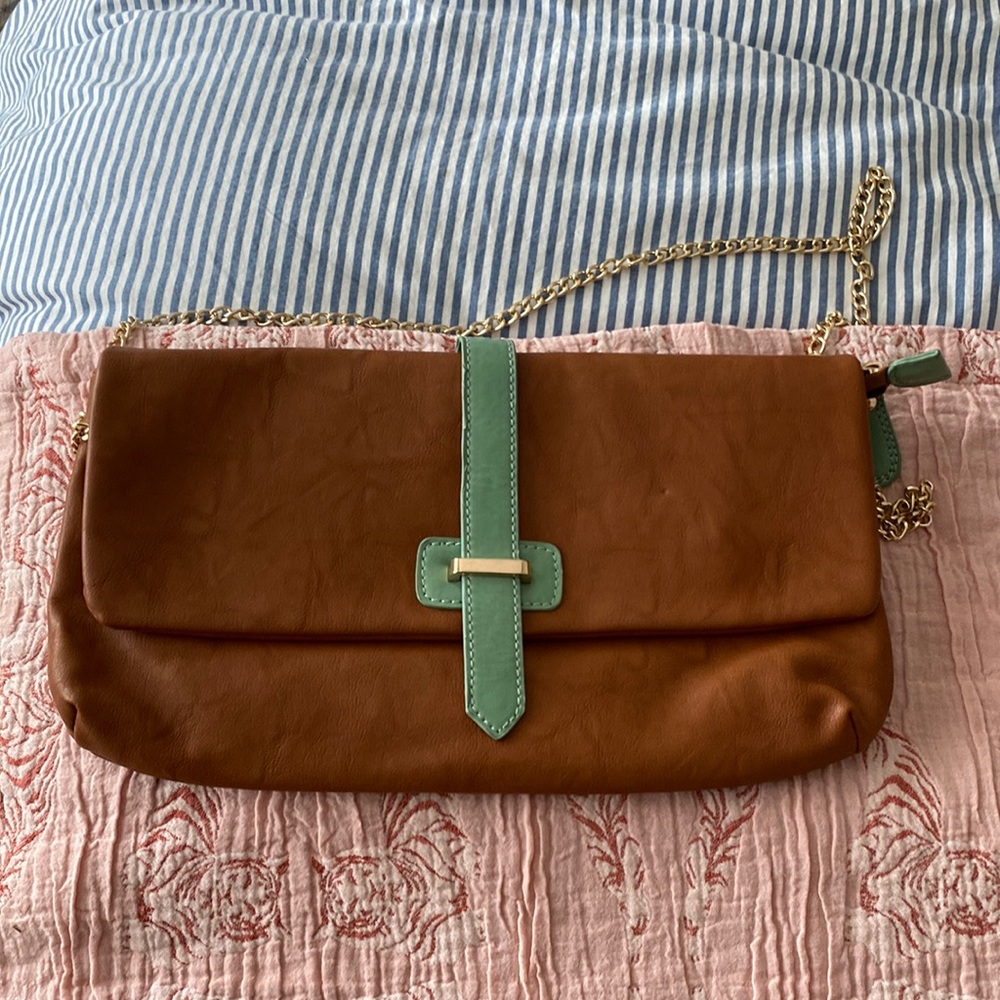 Brown clutch with removable gold shoulder chain